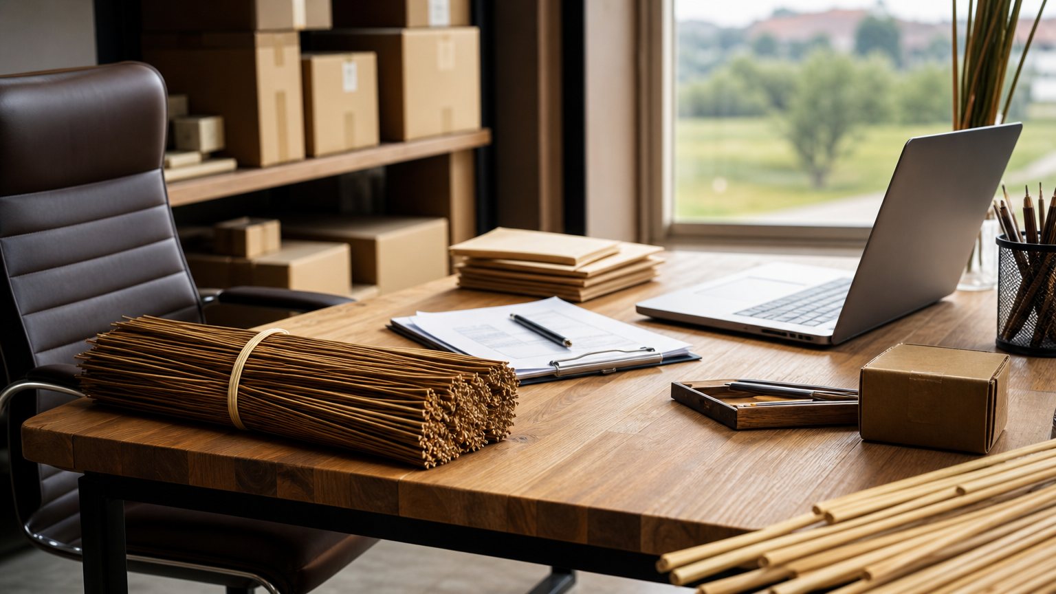 Export office desk with reed samples and shipping documents